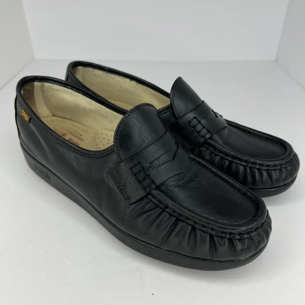 SAS Womens Black Penny Handsewn Leather Soft Teel Heel Slip-On Size 7 Loafers